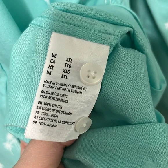 American Eagle Teal Blue Poplin Palm Tree Print Button Down Classic Fit Shirt - Picture 11 of 11